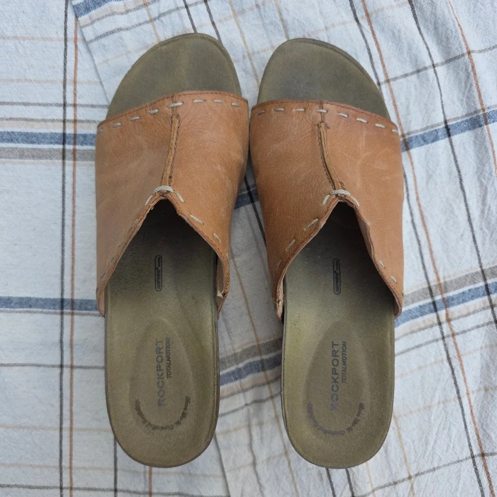 Rockport Total Motion Leather‎ Slides Wedges Sandals Size 9 Women's Brown